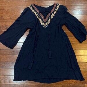 Navy blue cotton blend embroidered peasant dress with tassles size medium